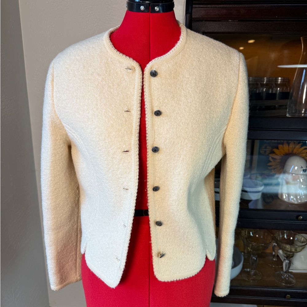 Vintage Carroll Reed Knit Wool Cream Ivory Button Front Cardigan Sweater Size 12